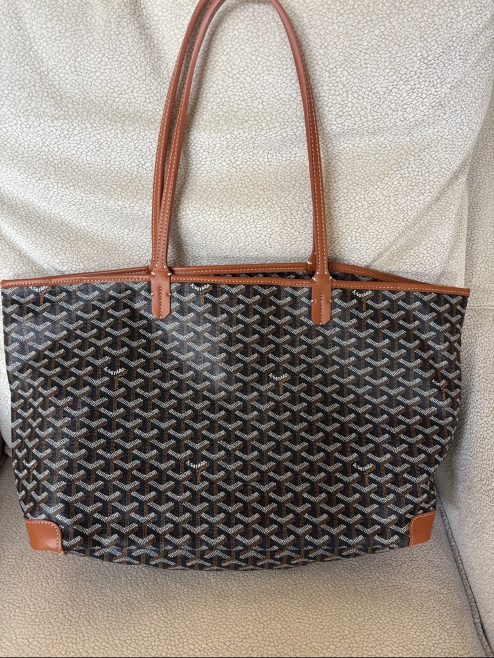 Classic Brown Patterned Tote Bag with Tan Trim